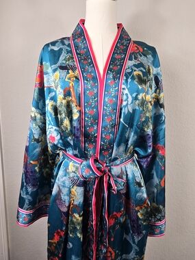 World Market Miyake Teal Bird Chinoiserie Robe Peacocks Botanical OS